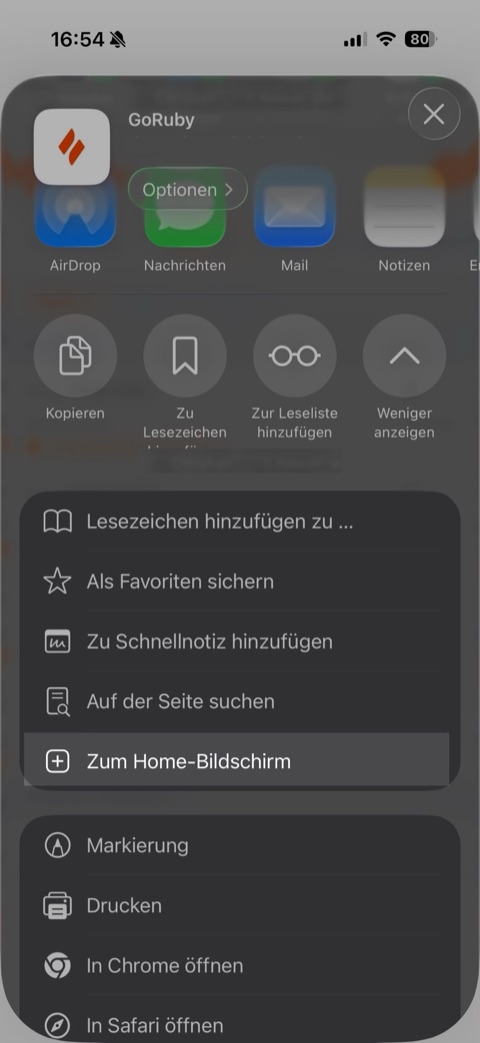 GoRuby als installierte App auf dem Smartphone-Homescreen